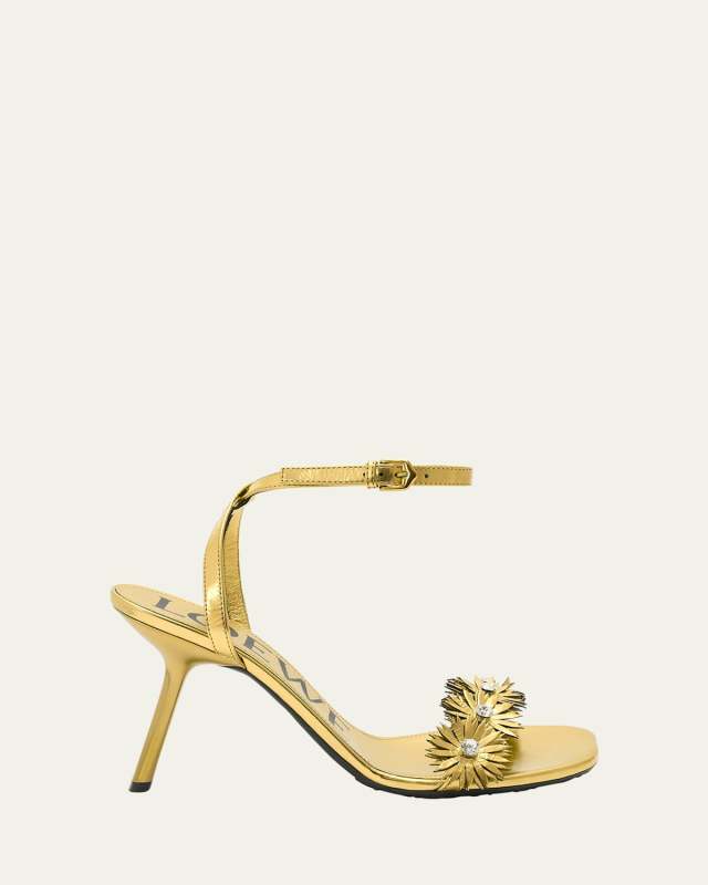 Crystal Flower Metallic Leather Ankle-Strap Sandals